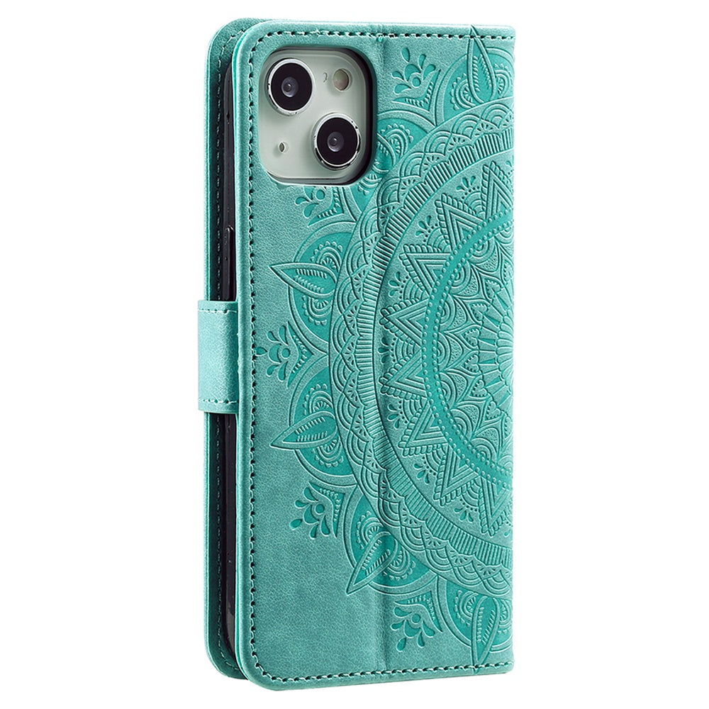 Uniqkart for iPhone 15 PU Leather Stand Cover Mandala Flower Imprint Wallet Phone Case with Strap - Green