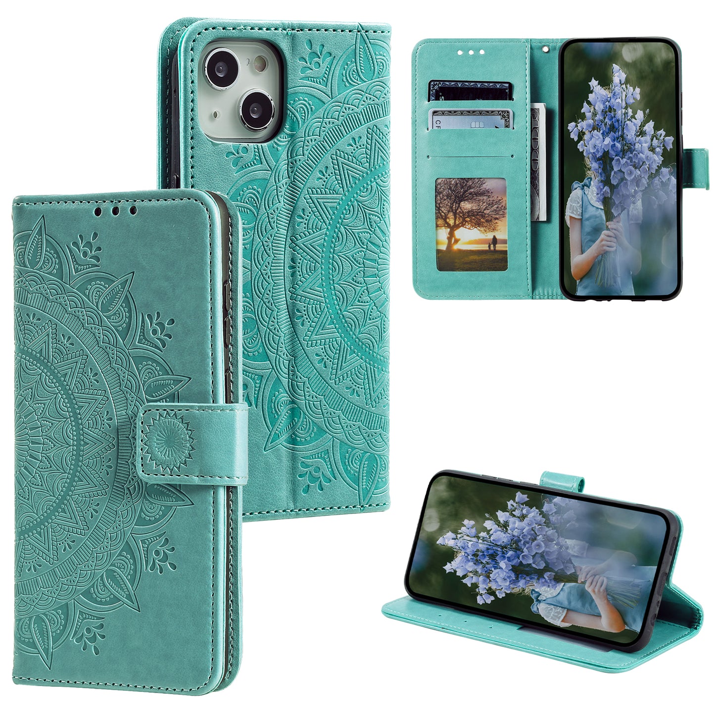Uniqkart for iPhone 15 PU Leather Stand Cover Mandala Flower Imprint Wallet Phone Case with Strap - Green