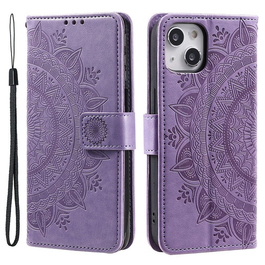 Uniqkart for iPhone 15 PU Leather Stand Cover Mandala Flower Imprint Wallet Phone Case with Strap - Purple