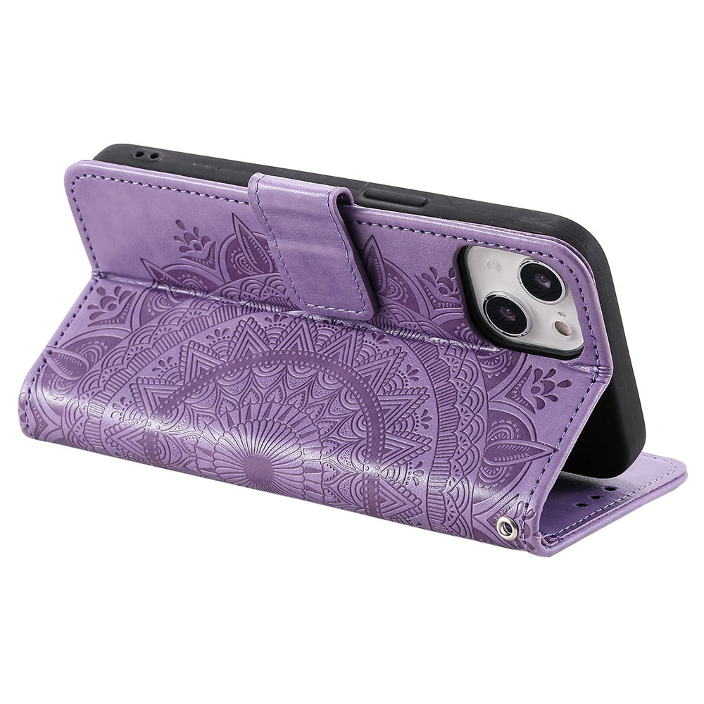 Uniqkart for iPhone 15 PU Leather Stand Cover Mandala Flower Imprint Wallet Phone Case with Strap - Purple