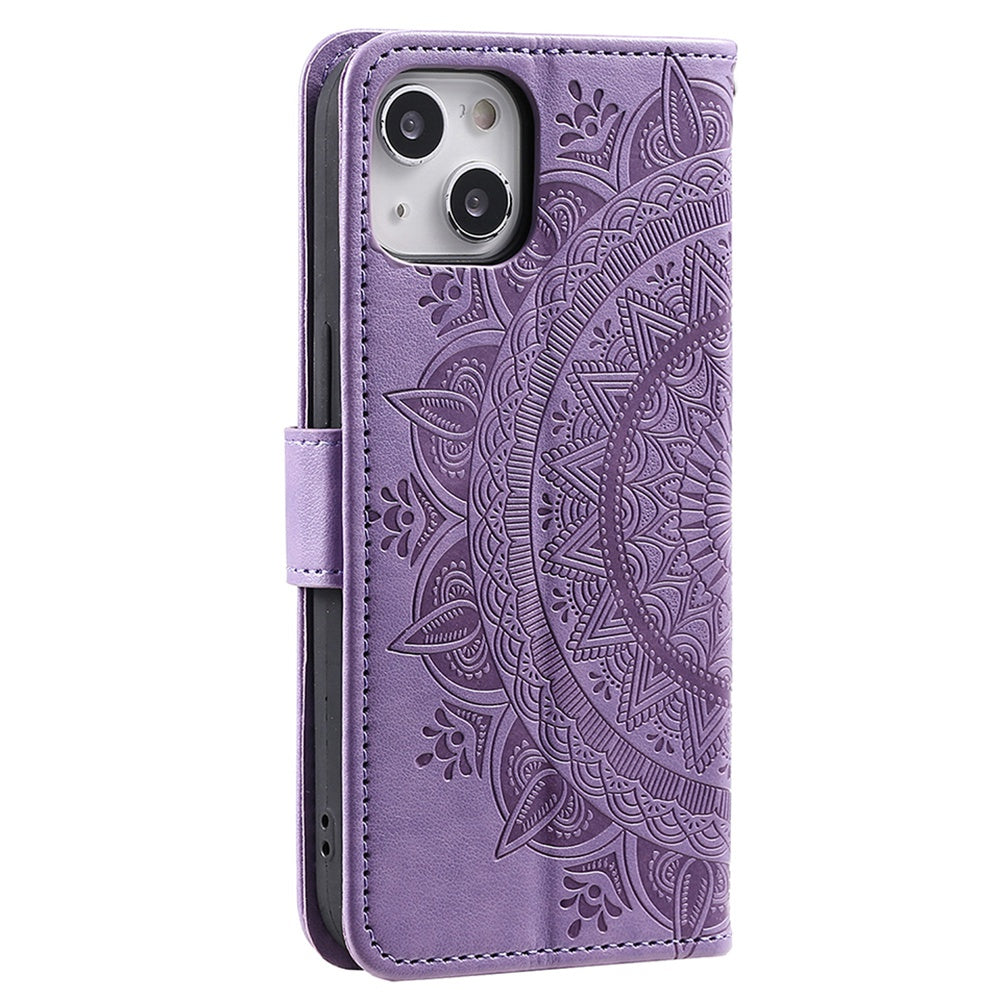 Uniqkart for iPhone 15 PU Leather Stand Cover Mandala Flower Imprint Wallet Phone Case with Strap - Purple