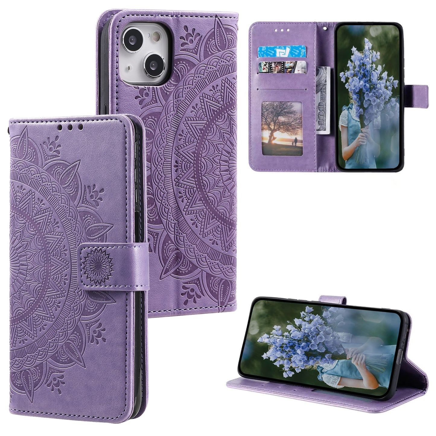Uniqkart for iPhone 15 PU Leather Stand Cover Mandala Flower Imprint Wallet Phone Case with Strap - Purple