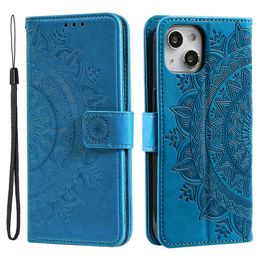 Uniqkart for iPhone 15 PU Leather Stand Cover Mandala Flower Imprint Wallet Phone Case with Strap - Blue