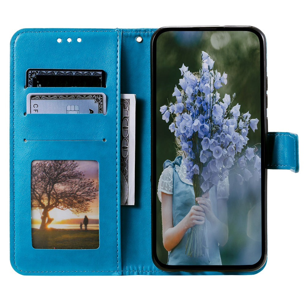 Uniqkart for iPhone 15 PU Leather Stand Cover Mandala Flower Imprint Wallet Phone Case with Strap - Blue