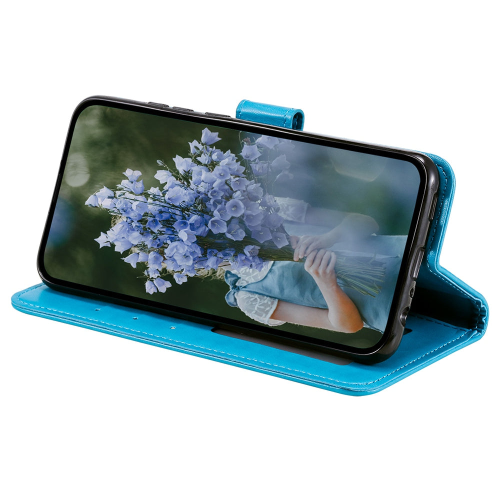 Uniqkart for iPhone 15 PU Leather Stand Cover Mandala Flower Imprint Wallet Phone Case with Strap - Blue