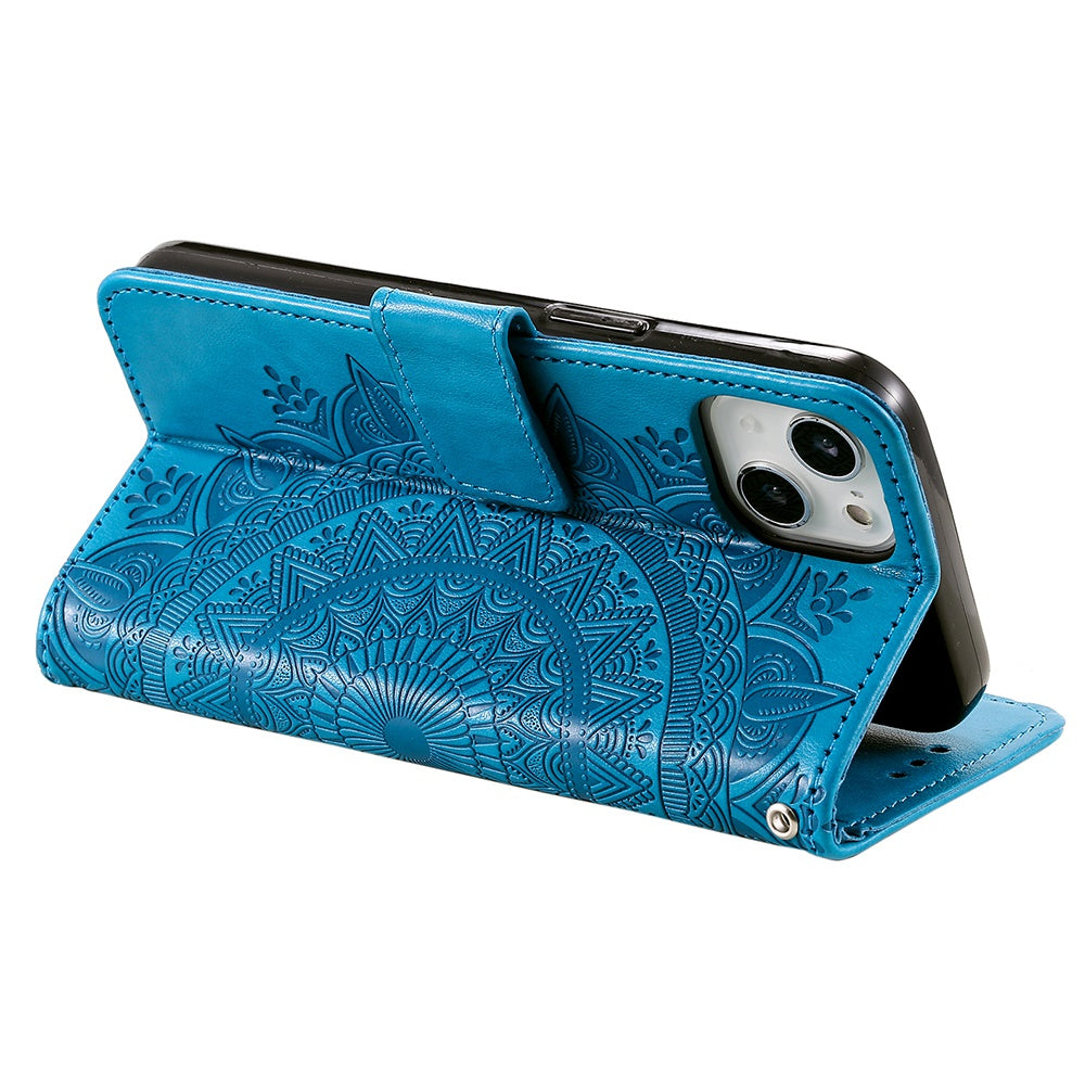 Uniqkart for iPhone 15 PU Leather Stand Cover Mandala Flower Imprint Wallet Phone Case with Strap - Blue