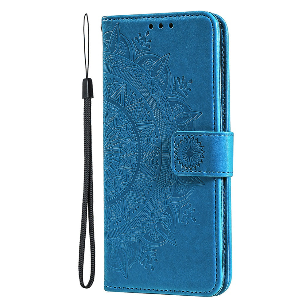 Uniqkart for iPhone 15 PU Leather Stand Cover Mandala Flower Imprint Wallet Phone Case with Strap - Blue