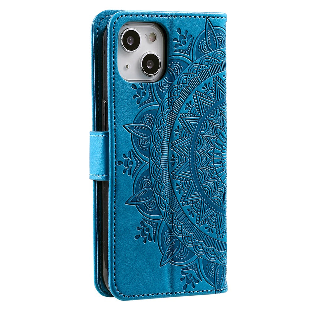 Uniqkart for iPhone 15 PU Leather Stand Cover Mandala Flower Imprint Wallet Phone Case with Strap - Blue