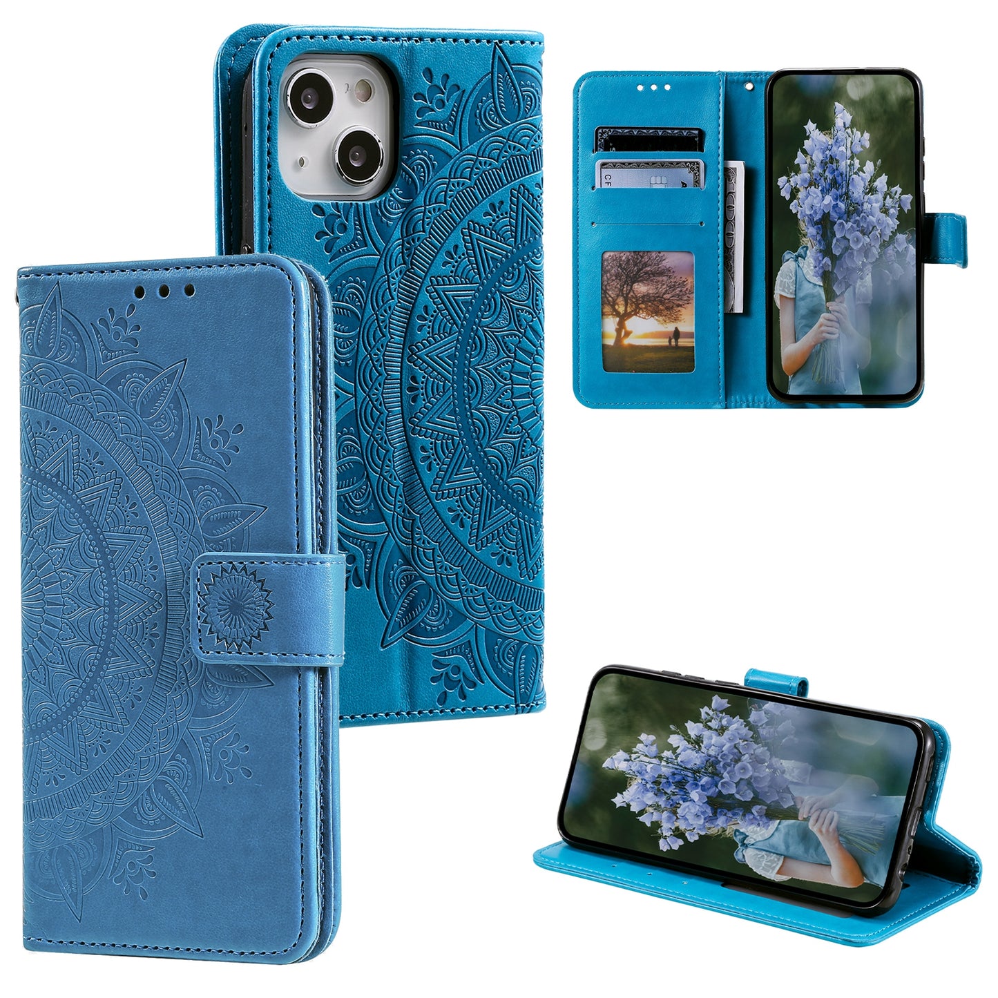 Uniqkart for iPhone 15 PU Leather Stand Cover Mandala Flower Imprint Wallet Phone Case with Strap - Blue