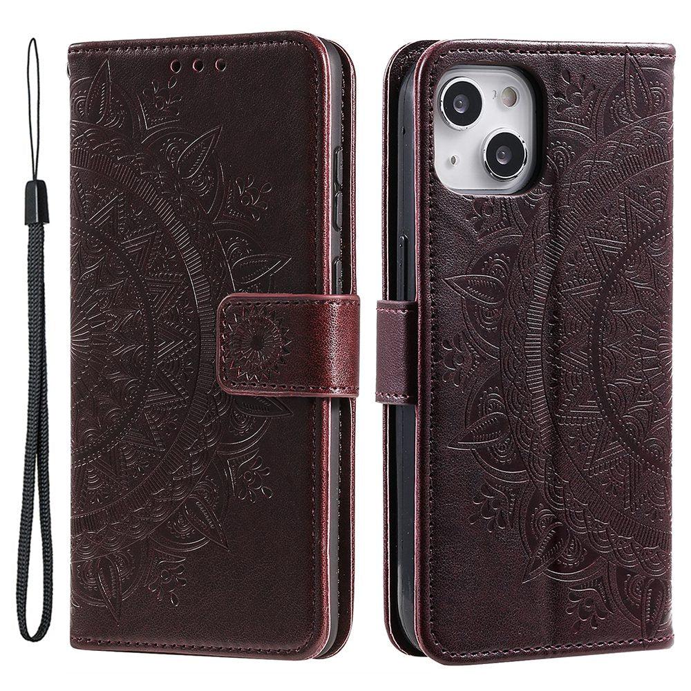 Uniqkart for iPhone 15 PU Leather Stand Cover Mandala Flower Imprint Wallet Phone Case with Strap - Brown