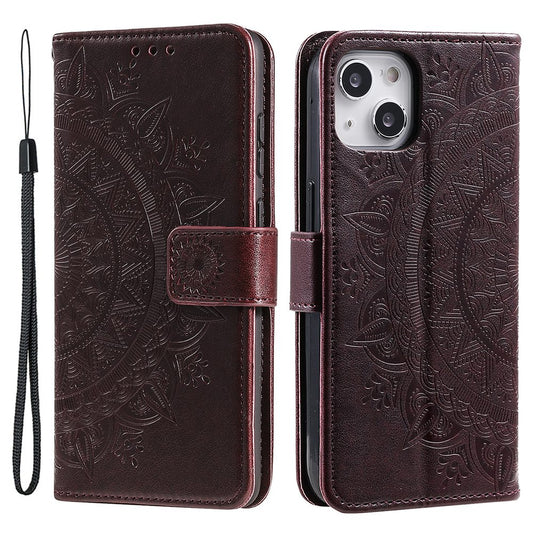 Uniqkart for iPhone 15 PU Leather Stand Cover Mandala Flower Imprint Wallet Phone Case with Strap - Brown
