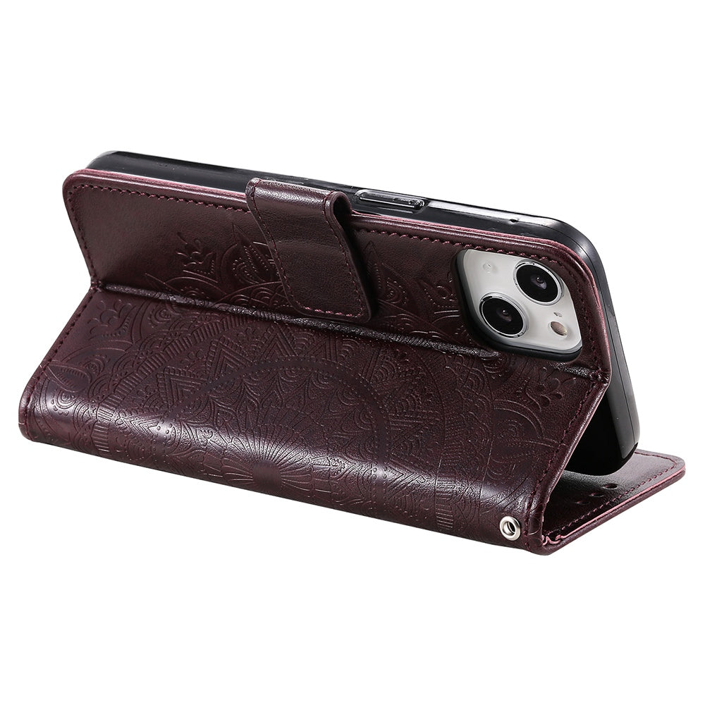 Uniqkart for iPhone 15 PU Leather Stand Cover Mandala Flower Imprint Wallet Phone Case with Strap - Brown