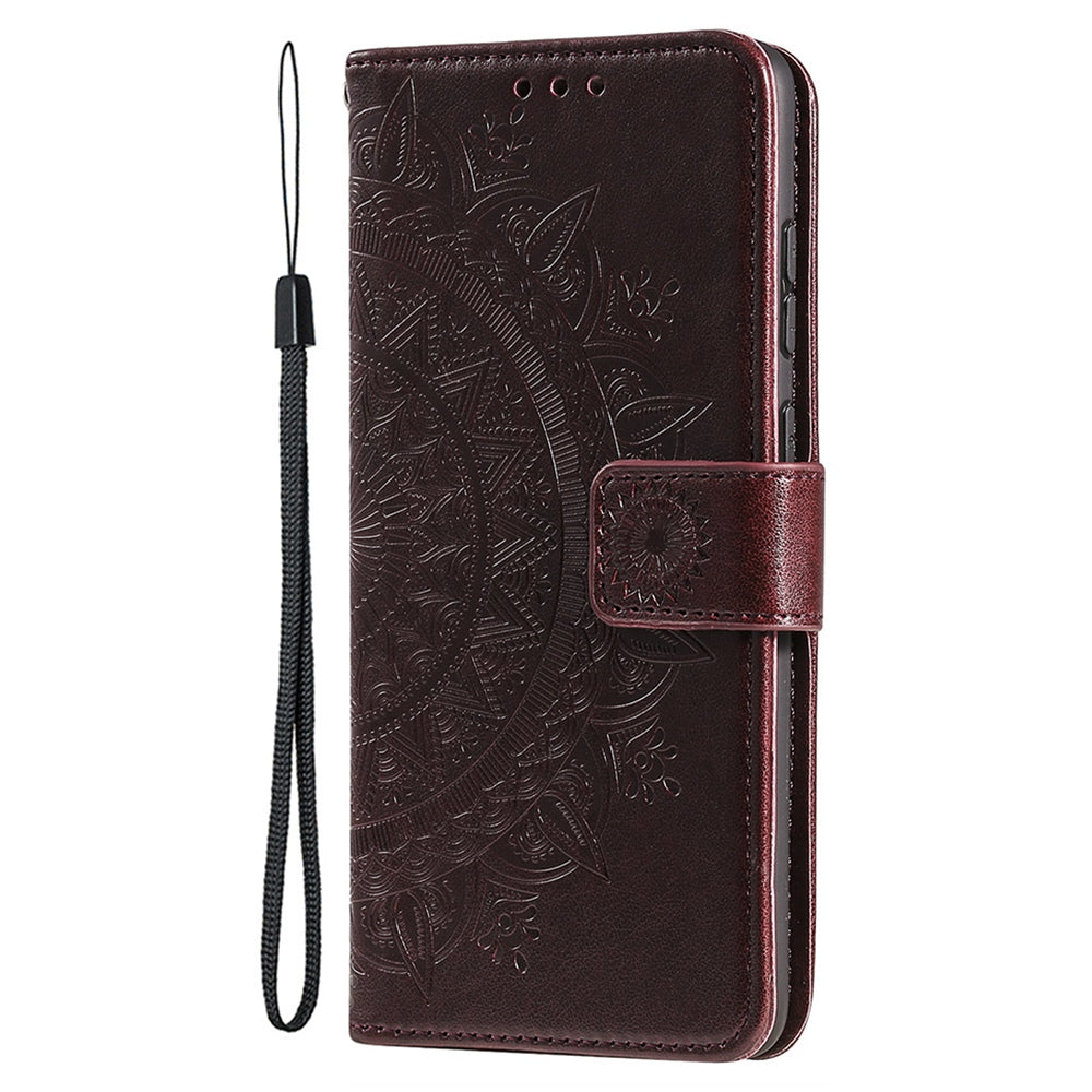 Uniqkart for iPhone 15 PU Leather Stand Cover Mandala Flower Imprint Wallet Phone Case with Strap - Brown