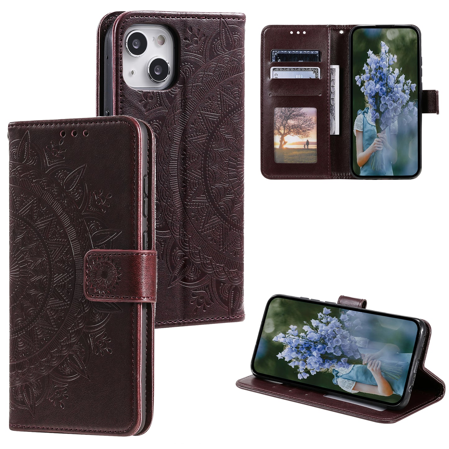Uniqkart for iPhone 15 PU Leather Stand Cover Mandala Flower Imprint Wallet Phone Case with Strap - Brown
