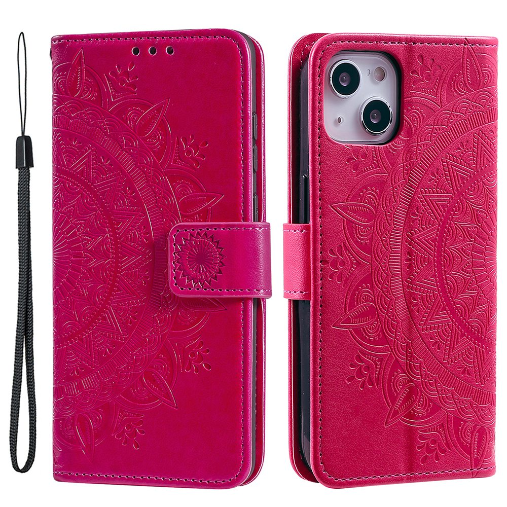 Uniqkart for iPhone 15 PU Leather Stand Cover Mandala Flower Imprint Wallet Phone Case with Strap - Rose