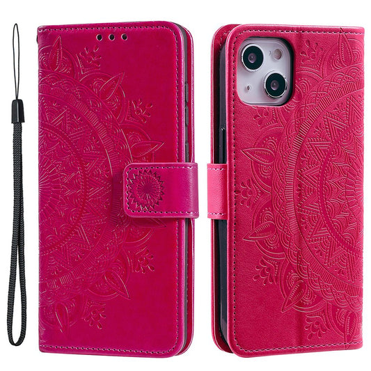Uniqkart for iPhone 15 PU Leather Stand Cover Mandala Flower Imprint Wallet Phone Case with Strap - Rose