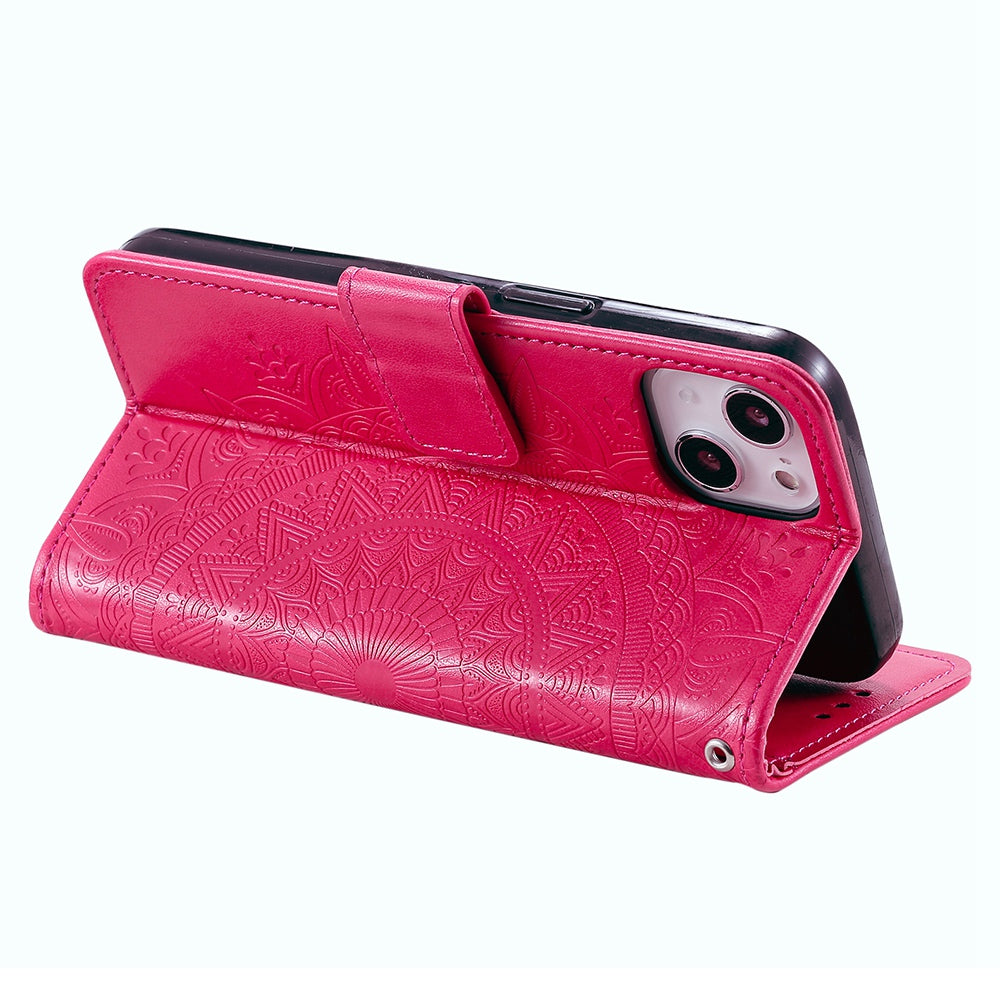 Uniqkart for iPhone 15 PU Leather Stand Cover Mandala Flower Imprint Wallet Phone Case with Strap - Rose