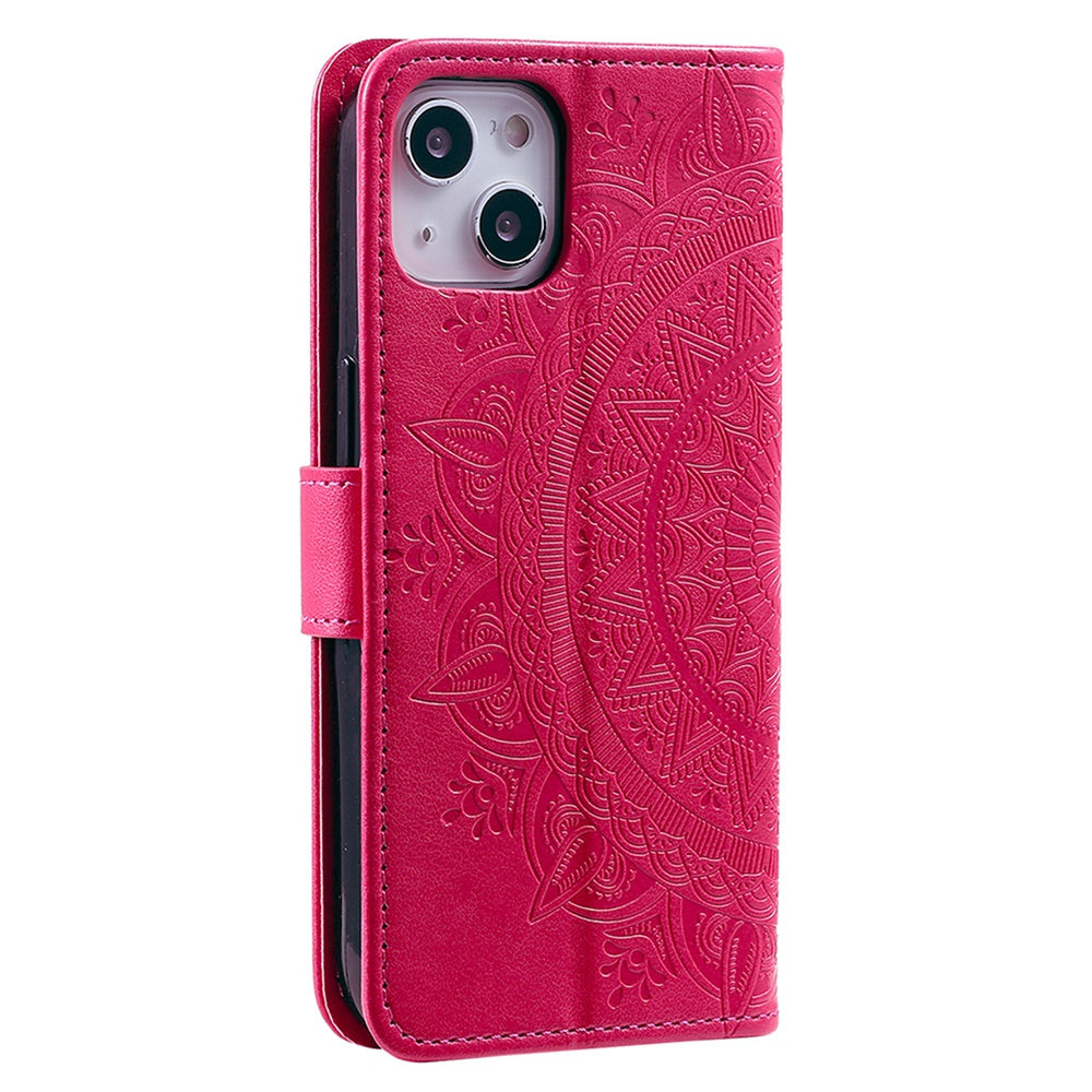 Uniqkart for iPhone 15 PU Leather Stand Cover Mandala Flower Imprint Wallet Phone Case with Strap - Rose