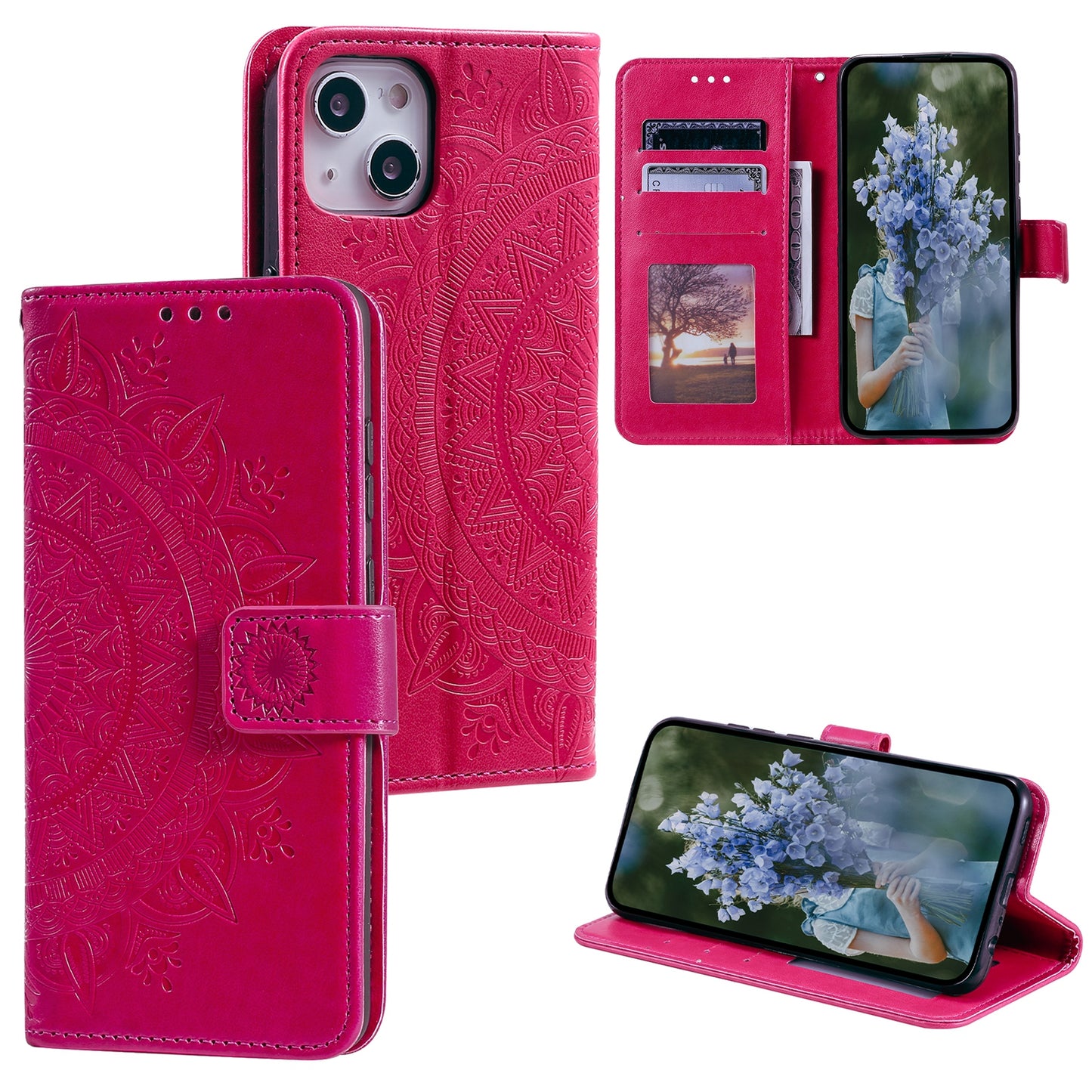 Uniqkart for iPhone 15 PU Leather Stand Cover Mandala Flower Imprint Wallet Phone Case with Strap - Rose