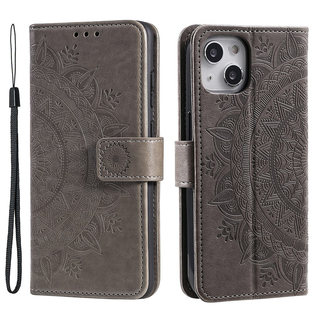 Uniqkart for iPhone 15 PU Leather Stand Cover Mandala Flower Imprint Wallet Phone Case with Strap - Grey