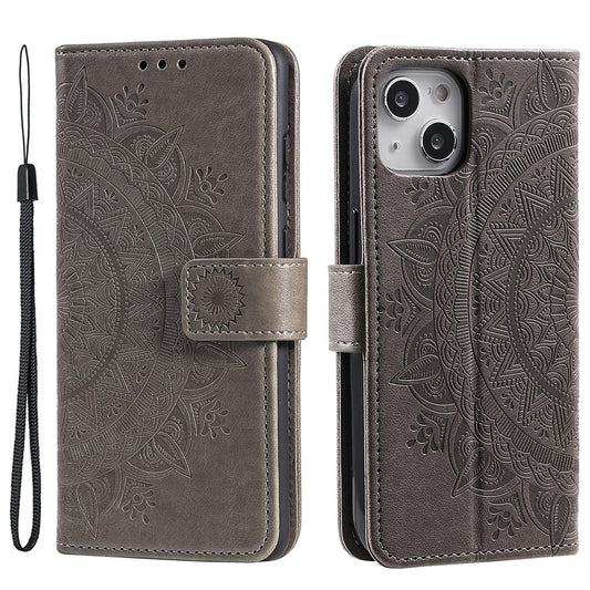 Uniqkart for iPhone 15 PU Leather Stand Cover Mandala Flower Imprint Wallet Phone Case with Strap - Grey
