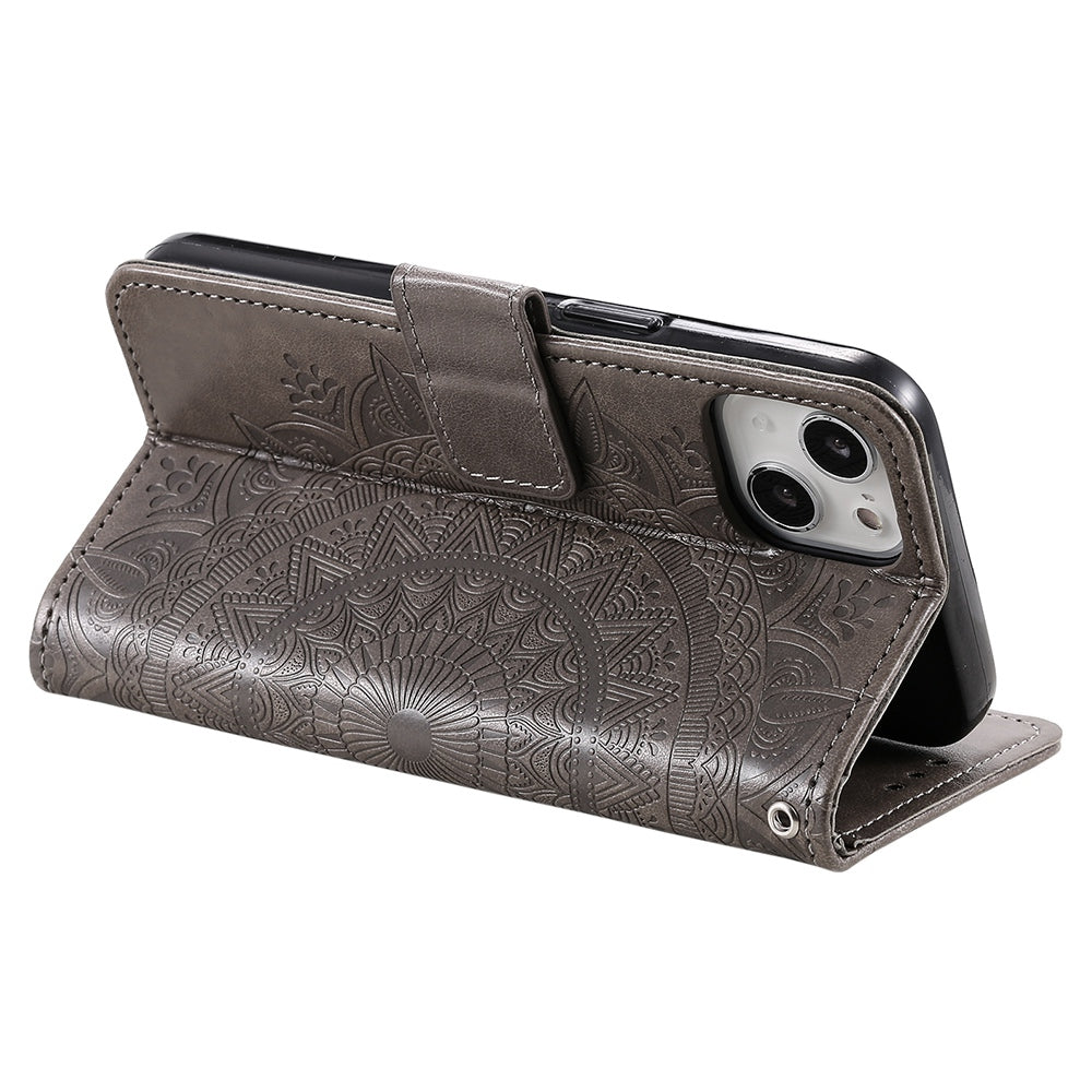 Uniqkart for iPhone 15 PU Leather Stand Cover Mandala Flower Imprint Wallet Phone Case with Strap - Grey