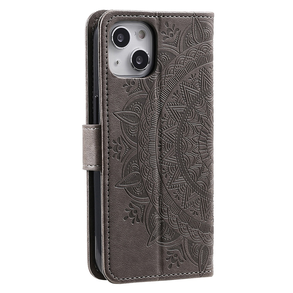 Uniqkart for iPhone 15 PU Leather Stand Cover Mandala Flower Imprint Wallet Phone Case with Strap - Grey