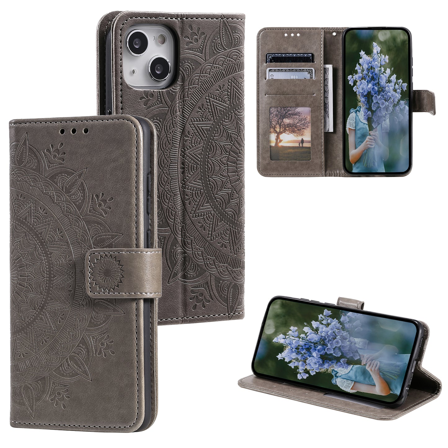 Uniqkart for iPhone 15 PU Leather Stand Cover Mandala Flower Imprint Wallet Phone Case with Strap - Grey