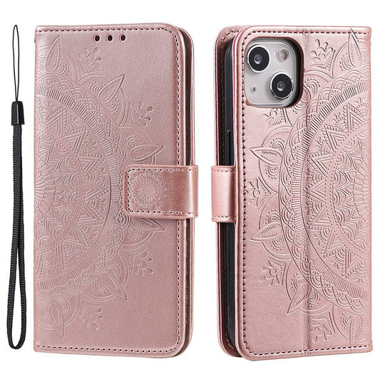 Uniqkart for iPhone 15 PU Leather Stand Cover Mandala Flower Imprint Wallet Phone Case with Strap - Rose Gold