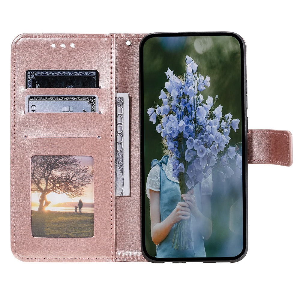 Uniqkart for iPhone 15 PU Leather Stand Cover Mandala Flower Imprint Wallet Phone Case with Strap - Rose Gold
