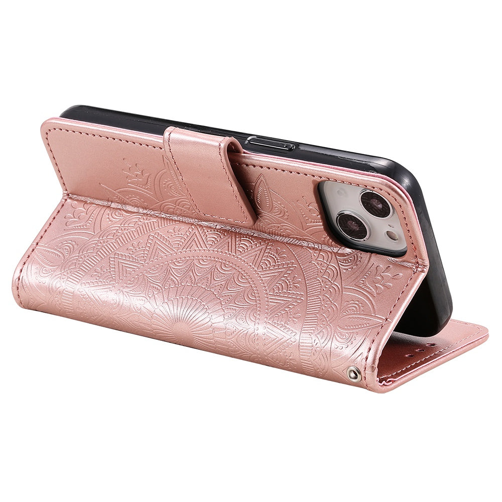 Uniqkart for iPhone 15 PU Leather Stand Cover Mandala Flower Imprint Wallet Phone Case with Strap - Rose Gold