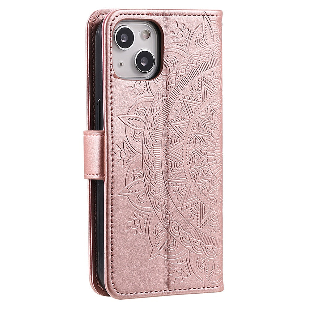Uniqkart for iPhone 15 PU Leather Stand Cover Mandala Flower Imprint Wallet Phone Case with Strap - Rose Gold