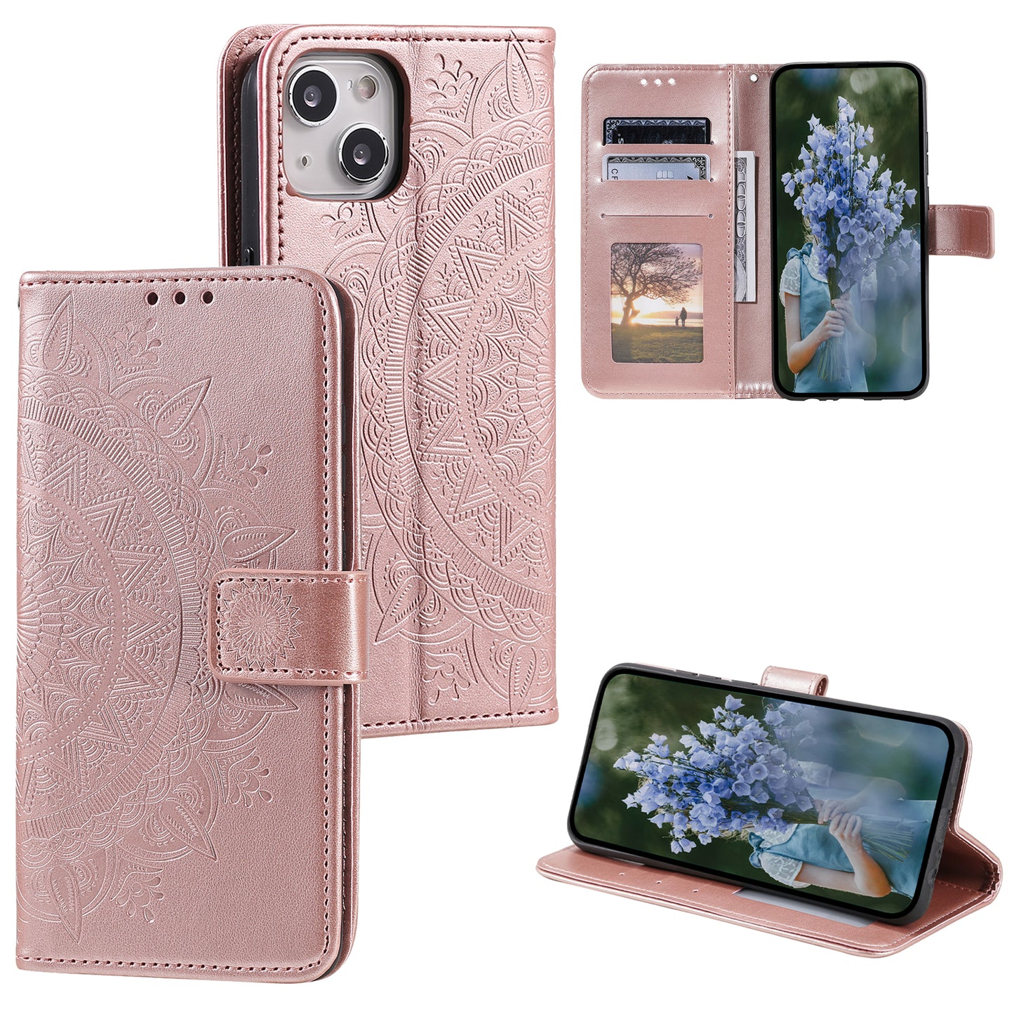 Uniqkart for iPhone 15 PU Leather Stand Cover Mandala Flower Imprint Wallet Phone Case with Strap - Rose Gold