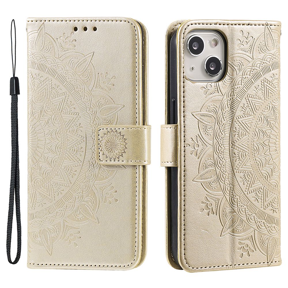 Uniqkart for iPhone 15 PU Leather Stand Cover Mandala Flower Imprint Wallet Phone Case with Strap - Gold