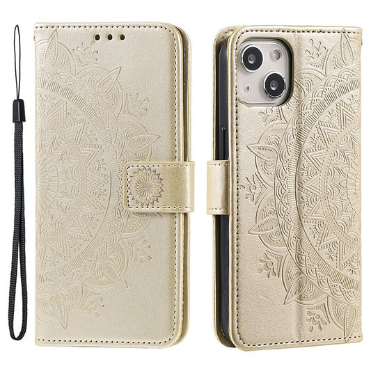 Uniqkart for iPhone 15 PU Leather Stand Cover Mandala Flower Imprint Wallet Phone Case with Strap - Gold