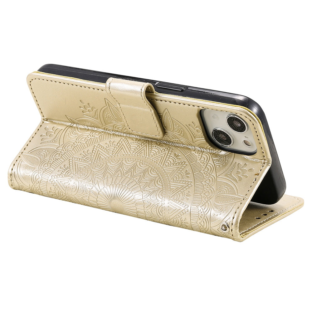 Uniqkart for iPhone 15 PU Leather Stand Cover Mandala Flower Imprint Wallet Phone Case with Strap - Gold