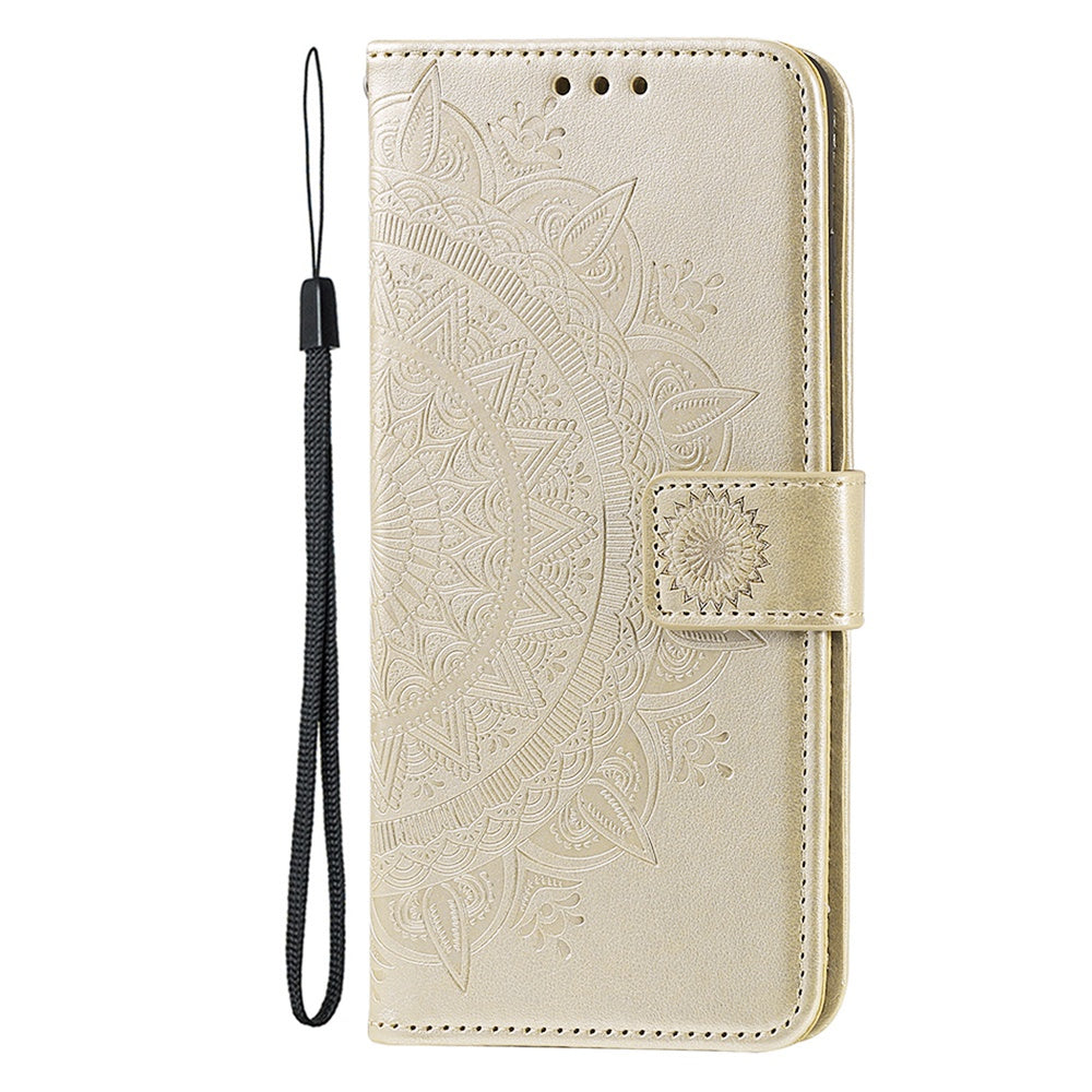 Uniqkart for iPhone 15 PU Leather Stand Cover Mandala Flower Imprint Wallet Phone Case with Strap - Gold
