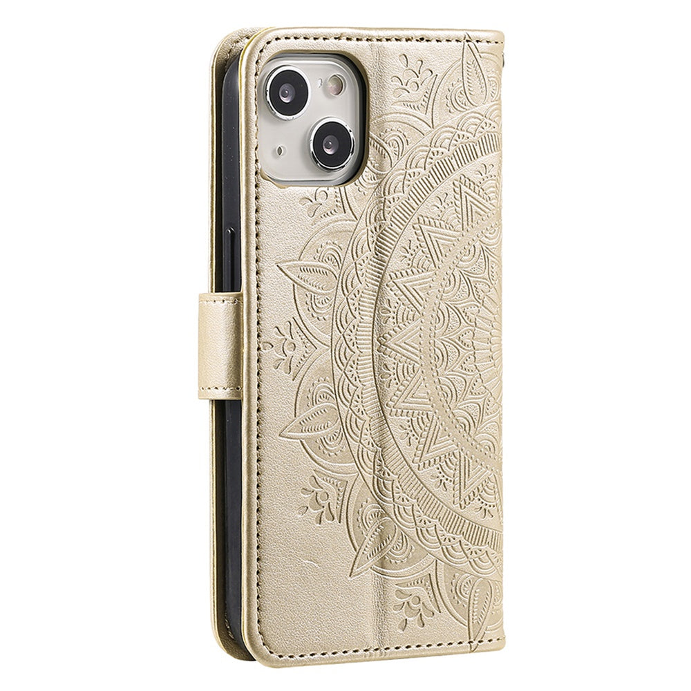Uniqkart for iPhone 15 PU Leather Stand Cover Mandala Flower Imprint Wallet Phone Case with Strap - Gold