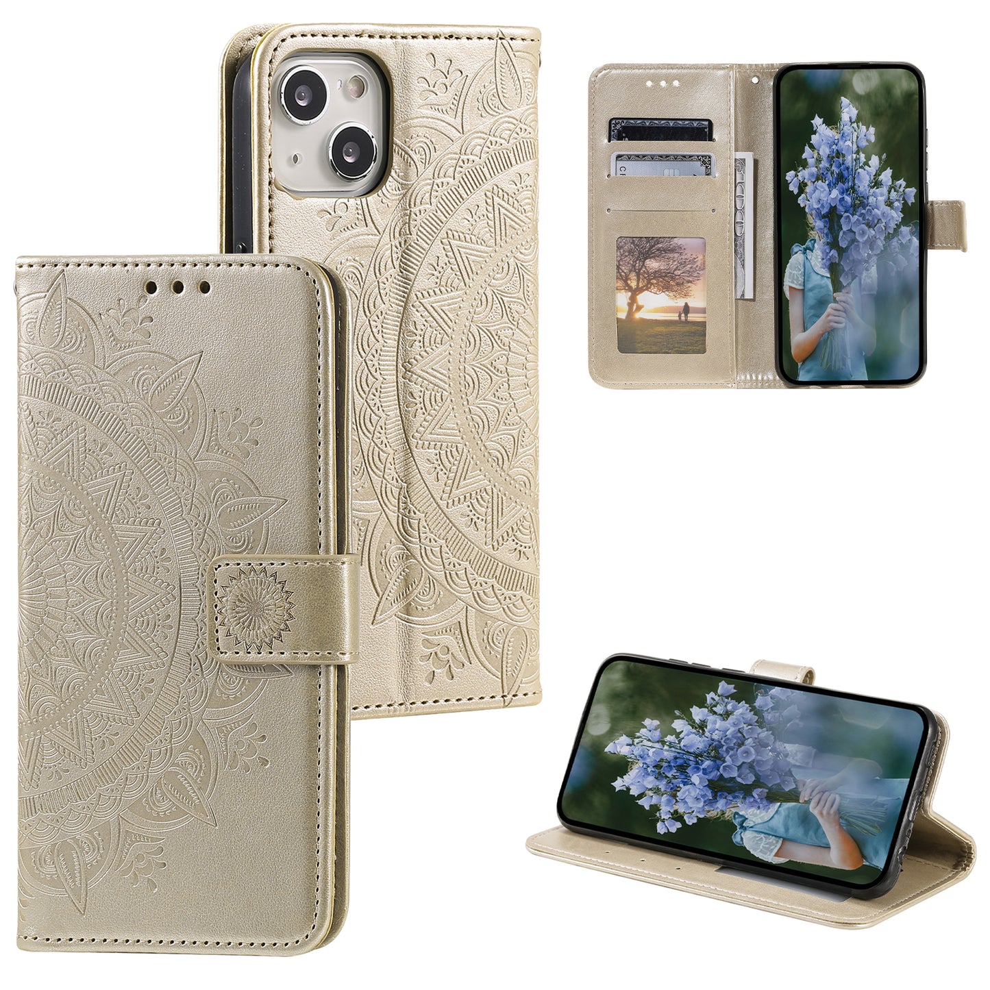 Uniqkart for iPhone 15 PU Leather Stand Cover Mandala Flower Imprint Wallet Phone Case with Strap - Gold