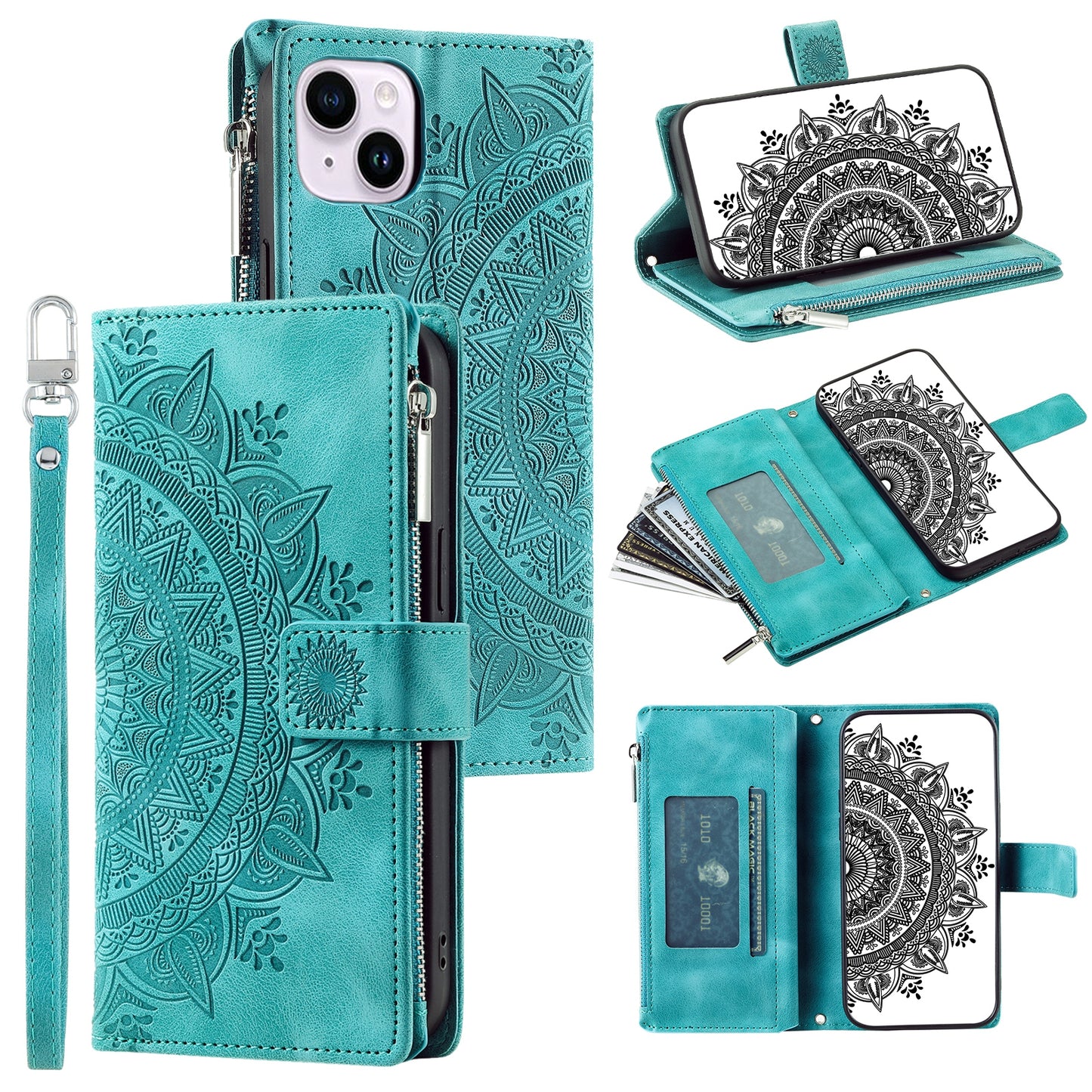 Mandala Flower Imprinted PU Leather Cover for iPhone 15 Zipper Pocket Anti-Drop Wallet Phone Case with Strap - Green