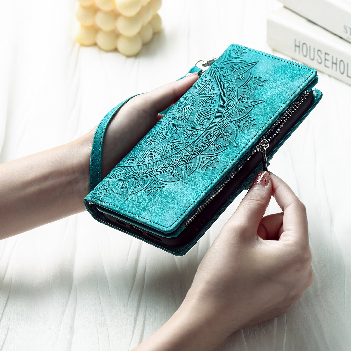 Mandala Flower Imprinted PU Leather Cover for iPhone 15 Zipper Pocket Anti-Drop Wallet Phone Case with Strap - Green