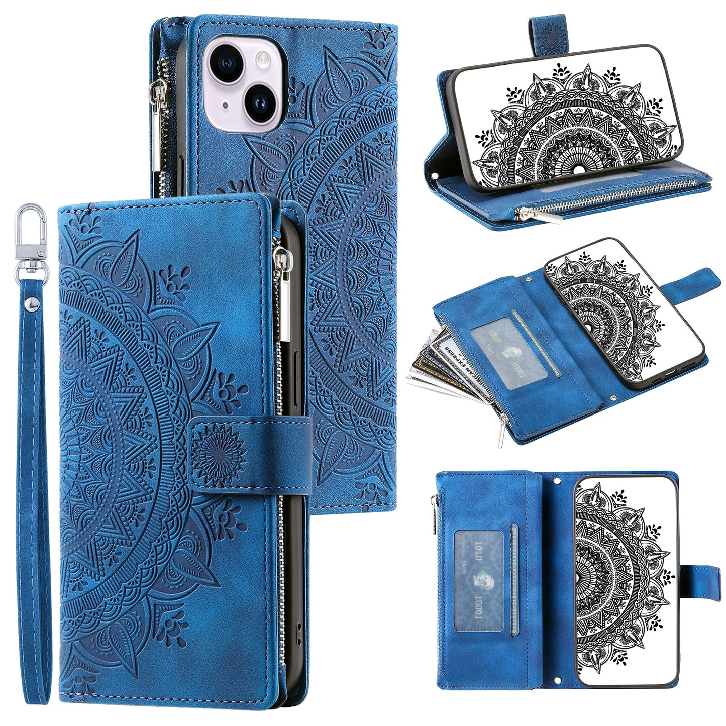 Mandala Flower Imprinted PU Leather Cover for iPhone 15 Zipper Pocket Anti-Drop Wallet Phone Case with Strap - Blue
