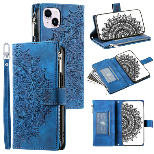 Mandala Flower Imprinted PU Leather Cover for iPhone 15 Zipper Pocket Anti-Drop Wallet Phone Case with Strap - Blue