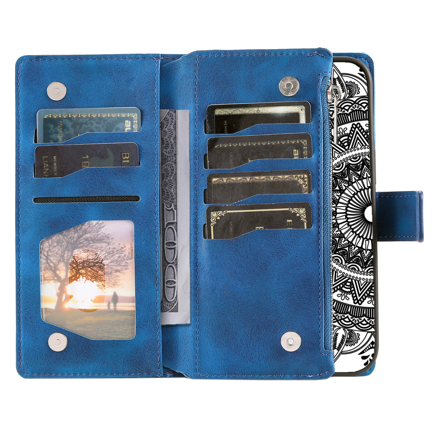 Mandala Flower Imprinted PU Leather Cover for iPhone 15 Zipper Pocket Anti-Drop Wallet Phone Case with Strap - Blue