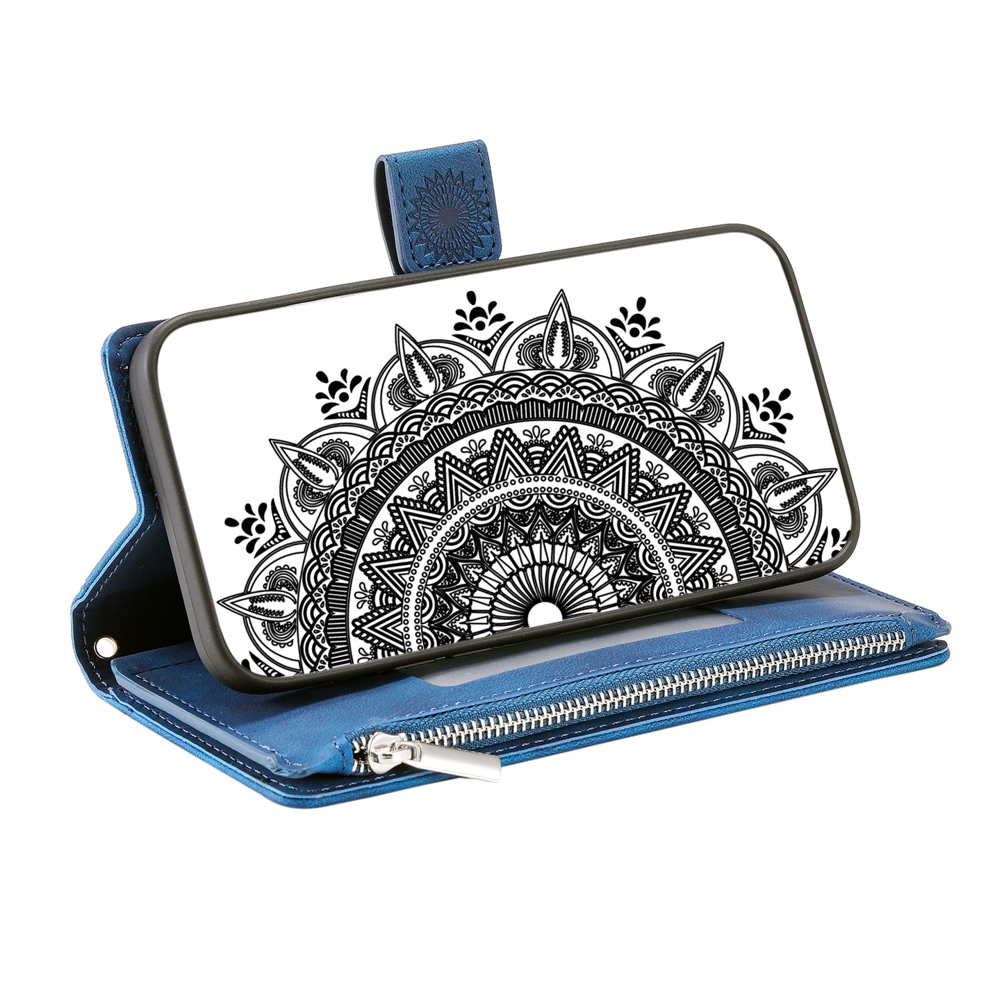Mandala Flower Imprinted PU Leather Cover for iPhone 15 Zipper Pocket Anti-Drop Wallet Phone Case with Strap - Blue