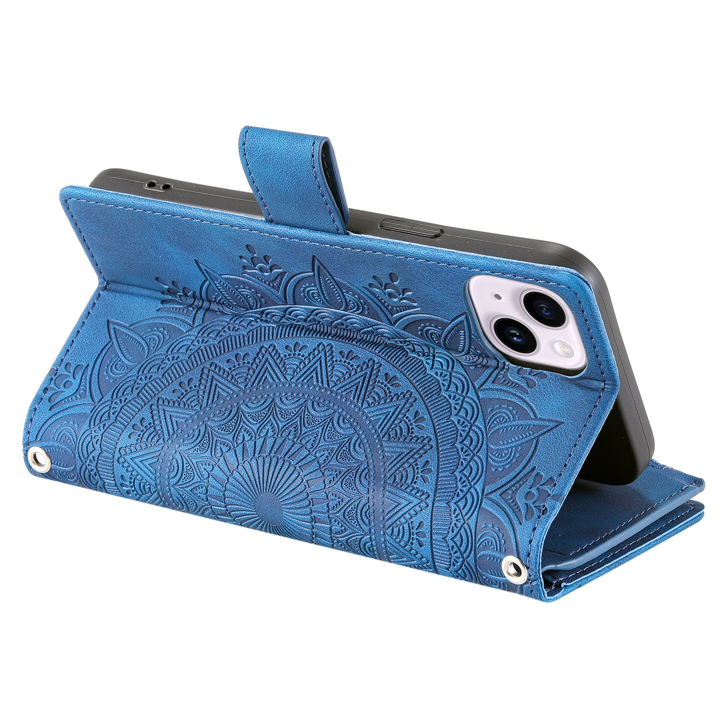 Mandala Flower Imprinted PU Leather Cover for iPhone 15 Zipper Pocket Anti-Drop Wallet Phone Case with Strap - Blue