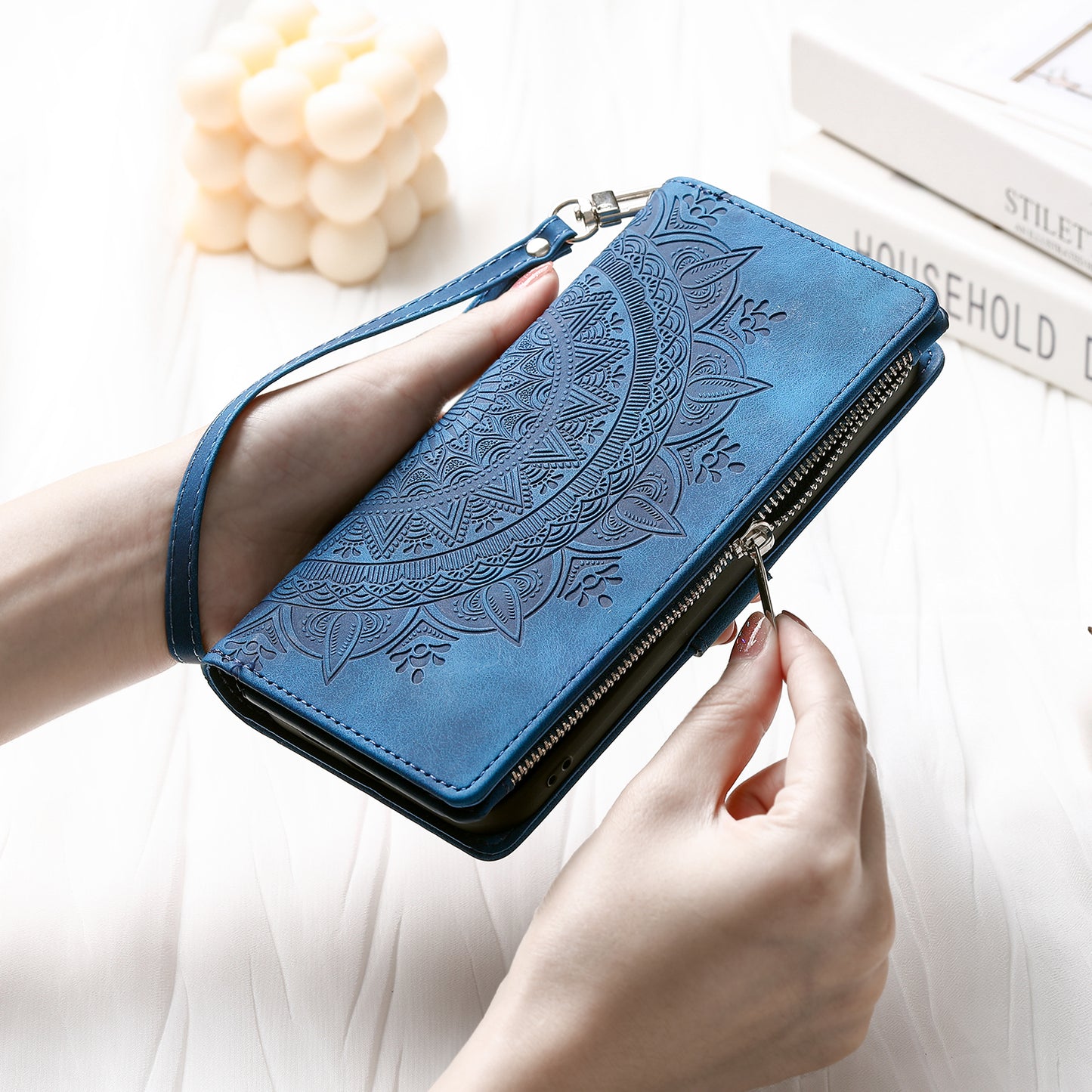 Mandala Flower Imprinted PU Leather Cover for iPhone 15 Zipper Pocket Anti-Drop Wallet Phone Case with Strap - Blue