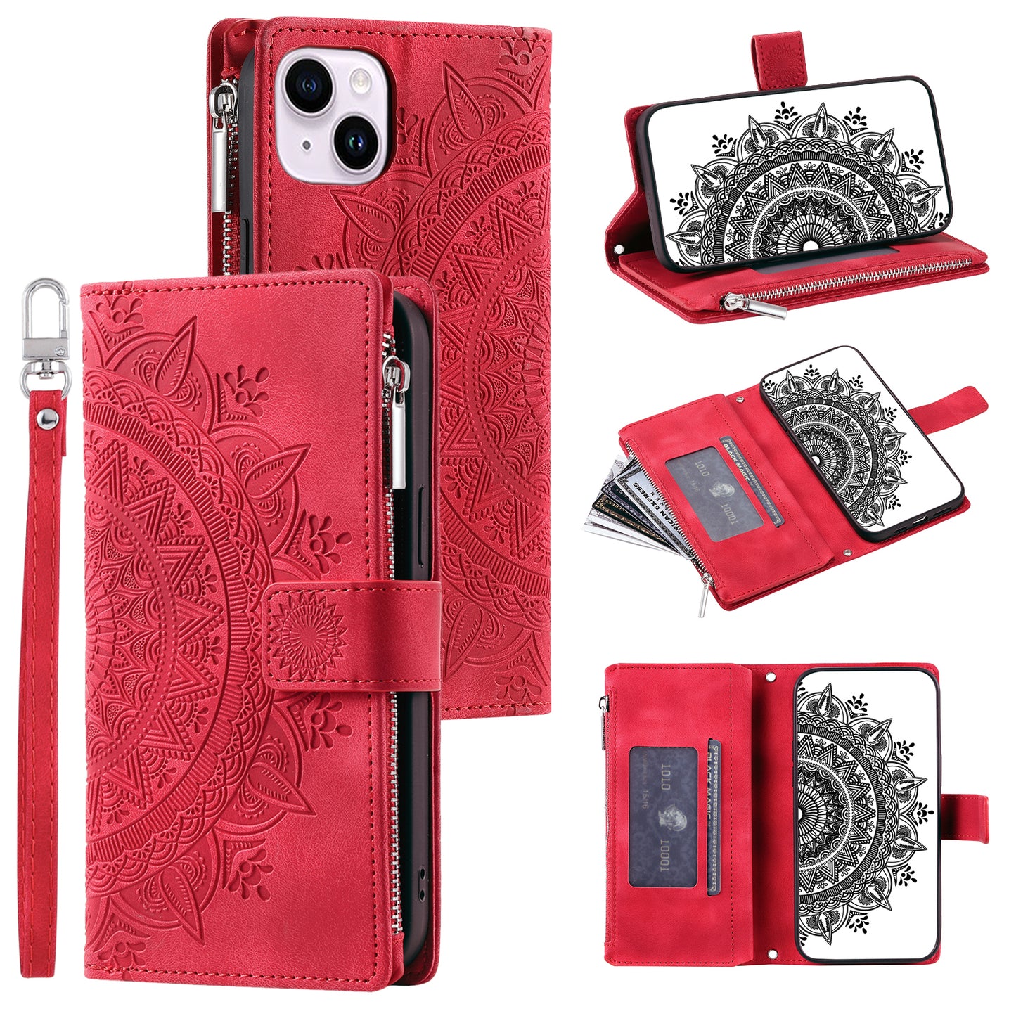 Mandala Flower Imprinted PU Leather Cover for iPhone 15 Zipper Pocket Anti-Drop Wallet Phone Case with Strap - Red