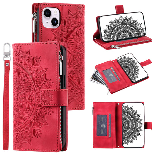 Mandala Flower Imprinted PU Leather Cover for iPhone 15 Zipper Pocket Anti-Drop Wallet Phone Case with Strap - Red