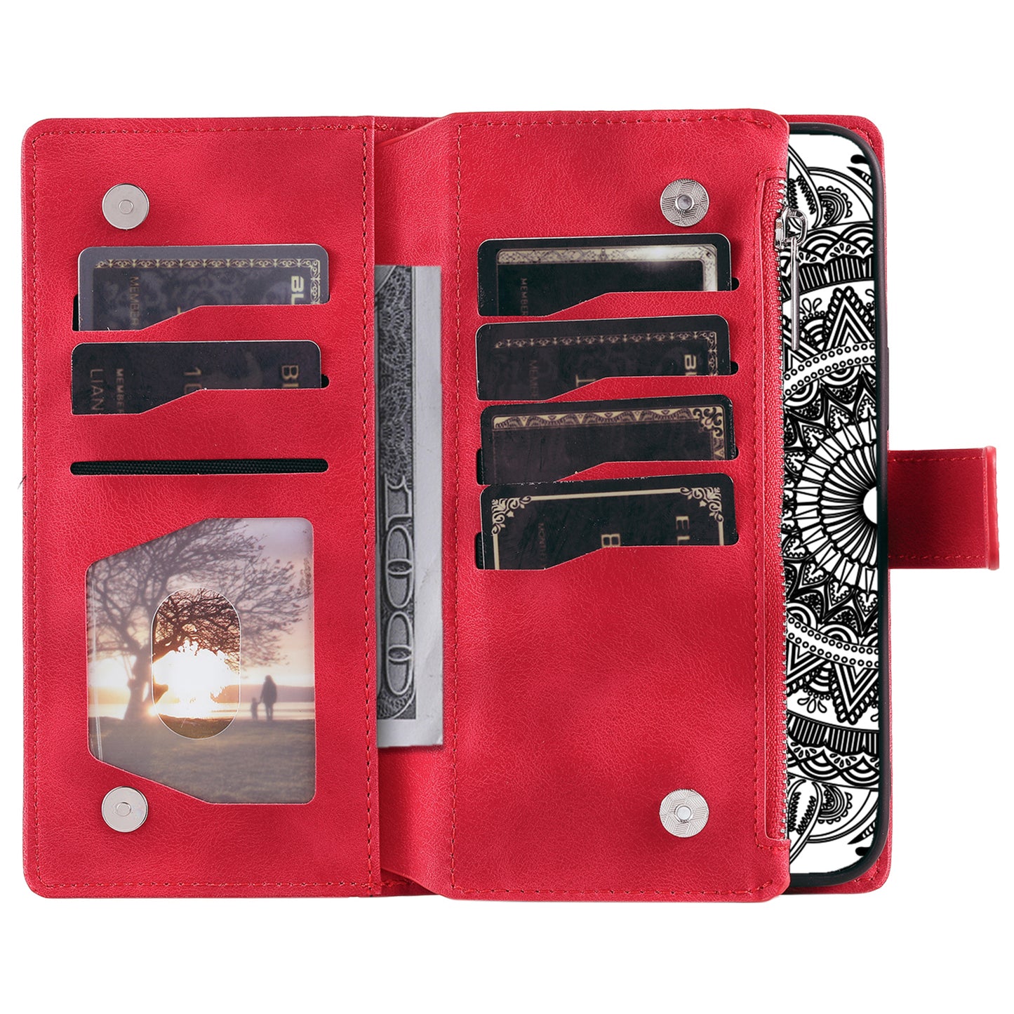 Mandala Flower Imprinted PU Leather Cover for iPhone 15 Zipper Pocket Anti-Drop Wallet Phone Case with Strap - Red